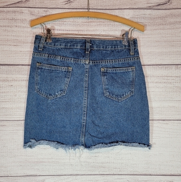 DENIM Distressed Mini Raw Hem Skirt Blue - Picture 2 of 3